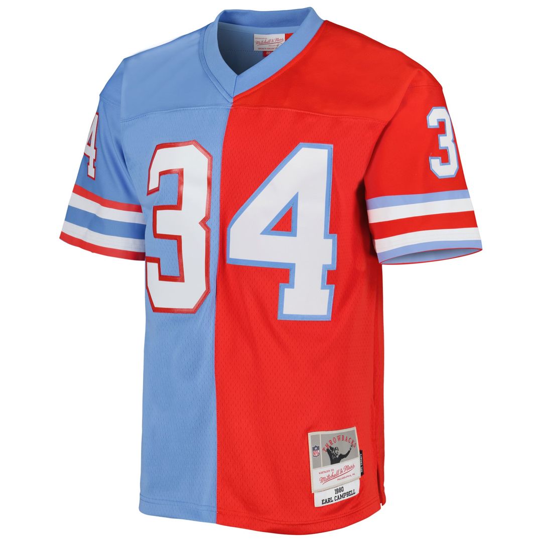 Houston Oilers Earl Campbell Mitchell & Ness Gridiron Classics 1980 Split Legacy Replica Jersey - Red/Light Blue
