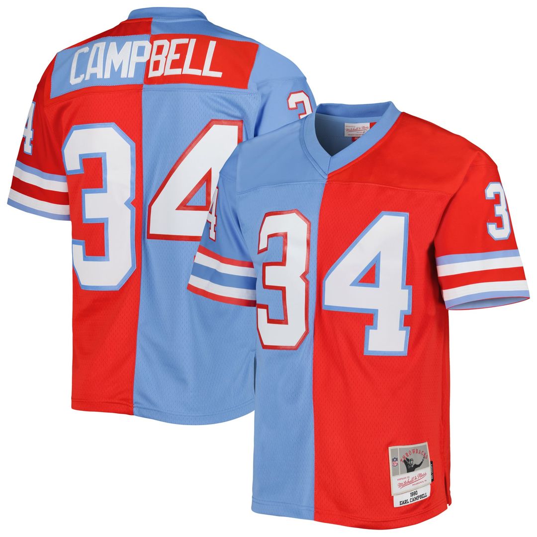 Houston Oilers Earl Campbell Mitchell & Ness Gridiron Classics 1980 Split Legacy Replica Jersey - Red/Light Blue